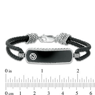 EFFY™ Collection Men's Rectangle Onyx Bar Rope Frame Panther Accent Looping Black Leather Bracelet in Sterling Silver