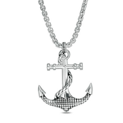 EFFY™ Collection Men's Grid Pattern and Rope Accent Anchor Pendant in Sterling Silver - 22"