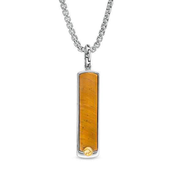 EFFY™ Collection Men's Rectangle Tiger's Eye Panther Accent Dog Tag Pendant in Sterling Silver and 18K Gold - 22"