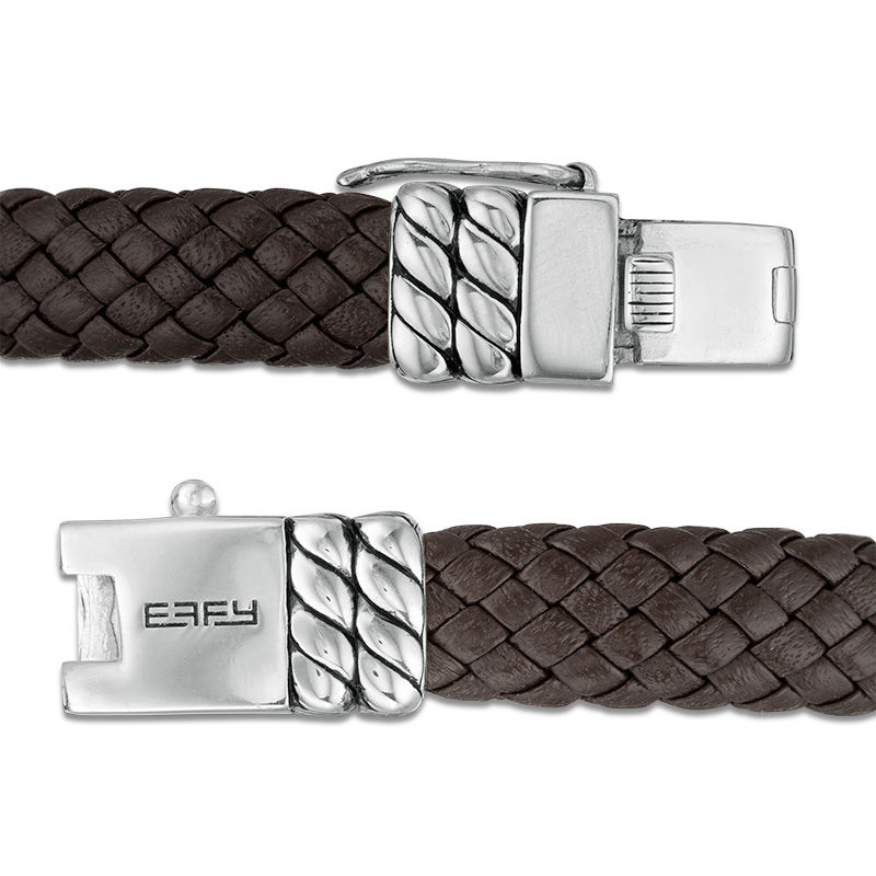EFFY™ Collection Men's Rectangle Tiger's Eye Rope Accent Brown Leather Bracelet in Sterling Silver|Peoples Jewellers