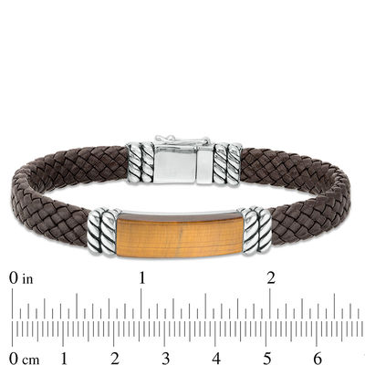 EFFY™ Collection Men's Rectangle Tiger's Eye Rope Accent Brown Leather Bracelet in Sterling Silver