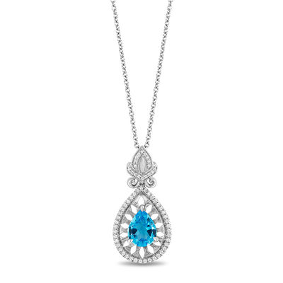 Enchanted Disney Aladdin Pear-Shaped Swiss Blue Topaz and 0.18 CT. T.W. Diamond Frame Drop Pendant in Sterling Silver