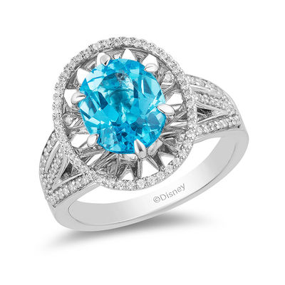 Enchanted Disney Aladdin Oval Swiss Blue Topaz and 0.23 CT. T.W. Diamond Frame Split Shank Ring in Sterling Silver