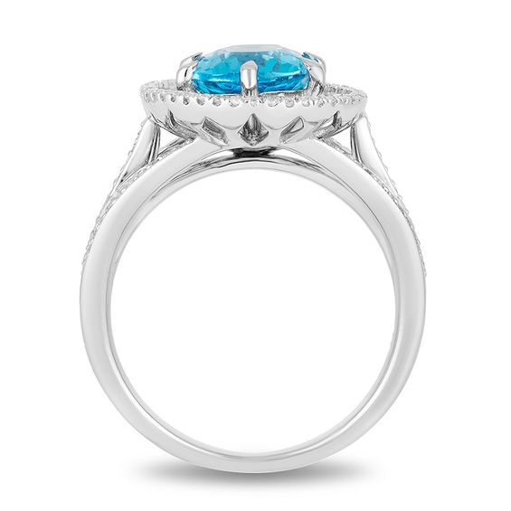 Enchanted Disney Aladdin Oval Swiss Blue Topaz and 0.23 CT. T.W. Diamond Frame Split Shank Ring in Sterling Silver