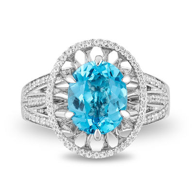 Enchanted Disney Aladdin Oval Swiss Blue Topaz and 0.23 CT. T.W. Diamond Frame Split Shank Ring in Sterling Silver