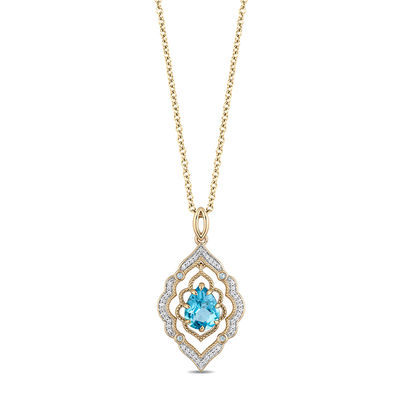 Enchanted Disney Aladdin Pear-Shaped Swiss Blue Topaz and 0.08 CT. T.W. Diamond Arabesque Frame Pendant in 10K Gold