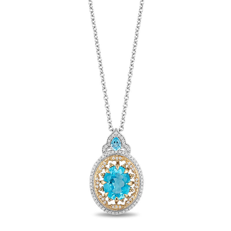 Enchanted Disney Aladdin Oval Swiss Blue Topaz and 0.18 CT. T.W. Diamond Frame Pendant in 10K Two-Tone Gold - 19"|Peoples Jewellers