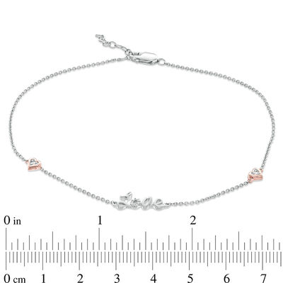 0.04 CT. T.W. Diamond "Love" with Hearts Station Anklet in Sterling Silver and 10K Rose Gold Plate - 10"