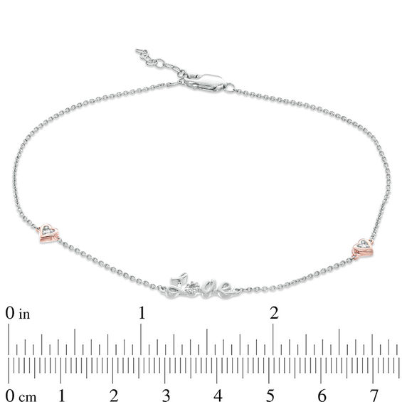 0.04 CT. T.W. Diamond "Love" with Hearts Station Anklet in Sterling Silver and 10K Rose Gold Plate - 10"