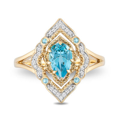 Enchanted Disney Aladdin Pear-Shaped Swiss Blue Topaz and 0.089 CT. T.W. Diamond Arabesque Frame Ring in 10K Gold