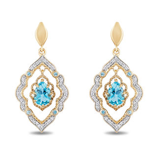 Enchanted Disney Aladdin Pear-Shaped Swiss Blue Topaz and 0.16 CT. T.W. Diamond Arabesque Frame Earrings in 10K Gold