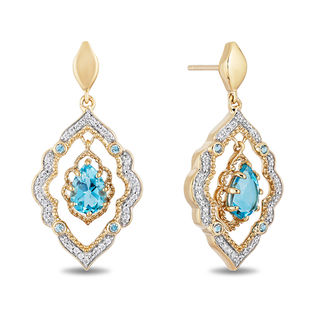 Enchanted Disney Aladdin Pear-Shaped Swiss Blue Topaz and 0.16 CT. T.W. Diamond Arabesque Frame Earrings in 10K Gold