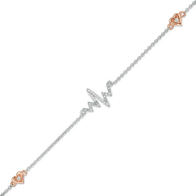 0.04 CT. T.W. Diamond Heartbeat with Hearts Station Anklet in Sterling Silver and 10K Rose Gold - 10"