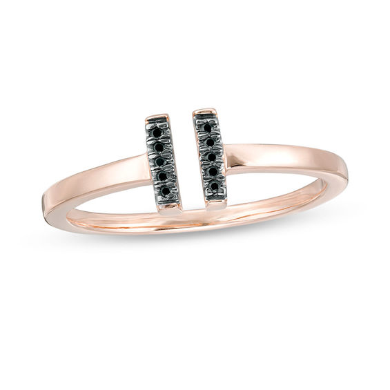 Black Diamond Accent Double Vertical Bar Open Ring in 10K Rose Gold