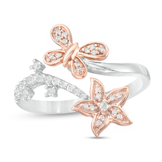 0.18 CT. T.W. Diamond Flower and Butterfly Wrap Ring in Sterling Silver and 10K Rose Gold