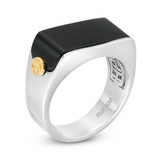 EFFY™ Collection Men's Onyx Panther Side Accent Signet Ring in Sterling Silver and 18K Gold