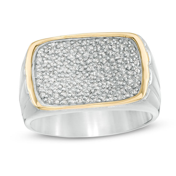 EFFY™ Collection Men's 0.26 CT. T.W. Diamond Beaded Frame Signet Ring in Sterling Silver and 14K Gold