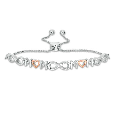 0.04 CT. T.W. Diamond Alternating "MOM" and Infinity Bolo Bracelet in Sterling Silver and 10K Rose Gold - 9.5"