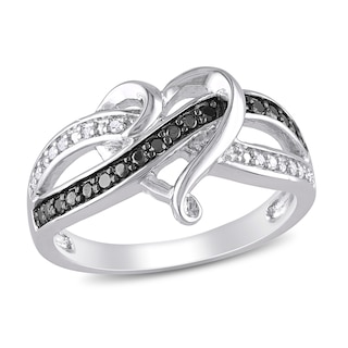 0.13 CT. T.W. Enhanced Black and White Diamond Entwined Heart Crossover Ring in Sterling Silver