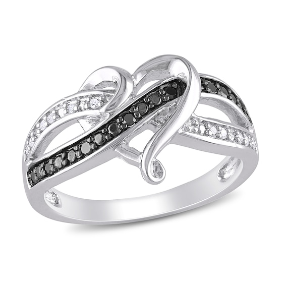 0.13 CT. T.W. Enhanced Black and White Diamond Entwined Heart Crossover Ring in Sterling Silver