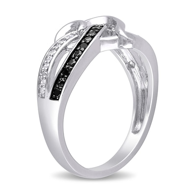 0.13 CT. T.W. Enhanced Black and White Diamond Entwined Heart Crossover Ring in Sterling Silver