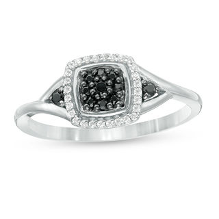 0.145 CT. T.W. Enhanced Black Composite and White Diamond Cushion Frame Ring in 10K White Gold