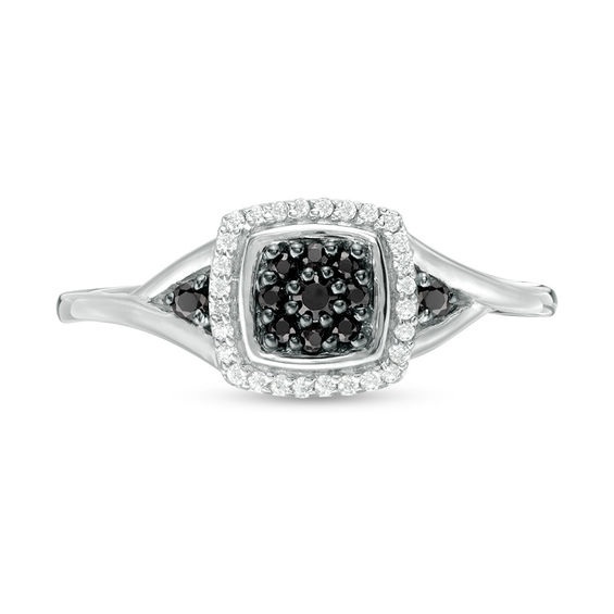 0.145 CT. T.W. Enhanced Black Composite and White Diamond Cushion Frame Ring in 10K White Gold