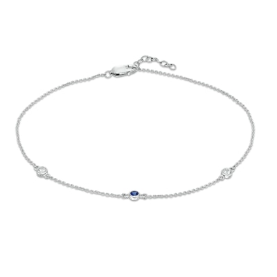 Bezel-Set Lab-Created Blue Sapphire Three Stone Station Anklet in Sterling Silver