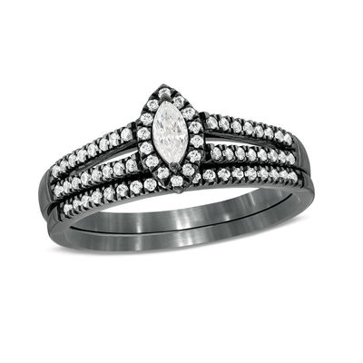 0.37 CT. T.W. Marquise Diamond Frame Multi-Row Bridal Set in 10K White Gold with Black Rhodium