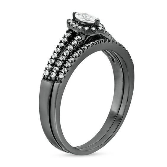 0.37 CT. T.W. Marquise Diamond Frame Multi-Row Bridal Set in 10K White Gold with Black Rhodium