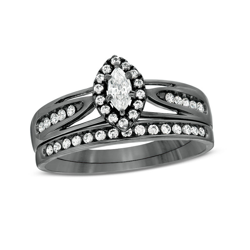 0.45 CT. T.W. Marquise Diamond Frame Split Shank Bridal Set in 10K White Gold with Black Rhodium|Peoples Jewellers