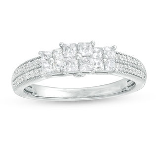 0.45 CT. T.W. Princess-Cut Quad Diamond Three Stone Double Row Engagement Ring in 10K Gold