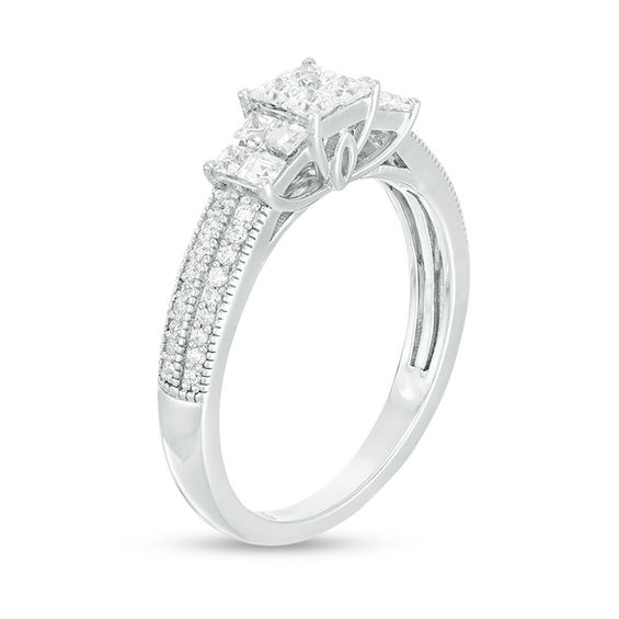 0.45 CT. T.W. Princess-Cut Quad Diamond Three Stone Double Row Engagement Ring in 10K Gold