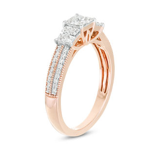 0.45 CT. T.W. Princess-Cut Quad Diamond Three Stone Double Row Engagement Ring in 10K Rose Gold