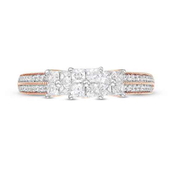 0.45 CT. T.W. Princess-Cut Quad Diamond Three Stone Double Row Engagement Ring in 10K Rose Gold