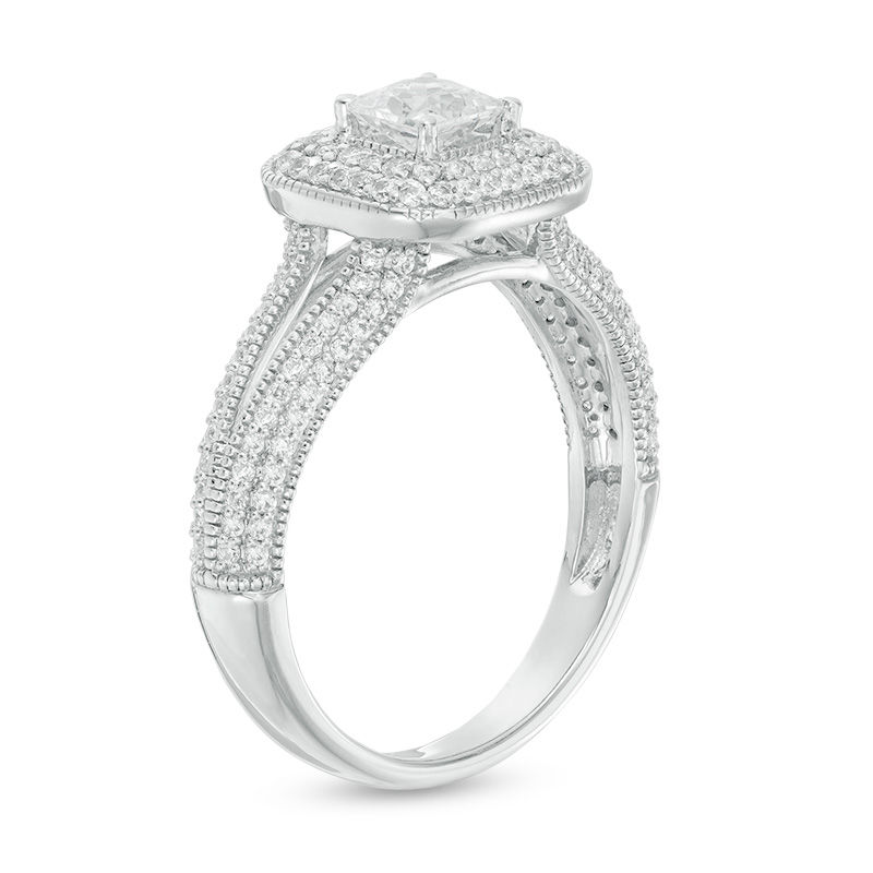0.95 CT. T.W. Princess-Cut Diamond Double Cushion Frame Vintage-Style Engagement Ring in 14K White Gold