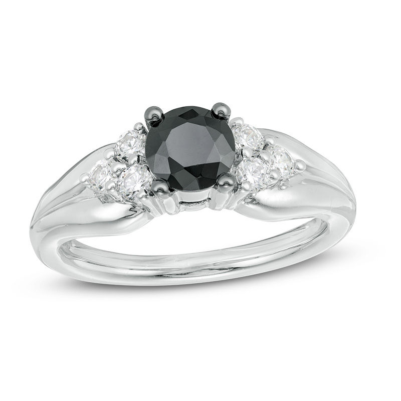 0.95 CT. T.W. Enhanced Black and White Diamond Tri-Sides Engagement Ring in 10K White Gold