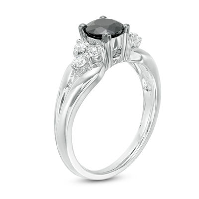 0.95 CT. T.W. Enhanced Black and White Diamond Tri-Sides Engagement Ring in 10K White Gold