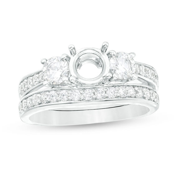 0.95 CT. T.W. Diamond Three Stone Semi-Mount Bridal Set in 14K White Gold