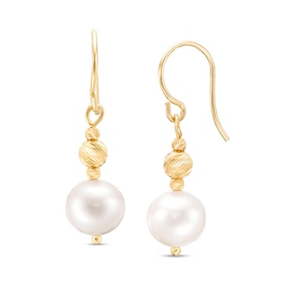 IMPERIAL® 7.0-7.5mm Freshwater Cultured Pearl and Diamond-Cut Bead Drop Earrings in 14K Gold