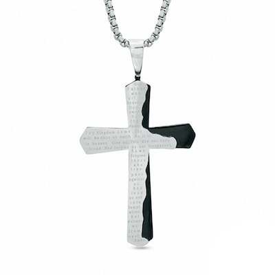 Men's Lord's Prayer Cross Pendant in Two-Tone Stainless Steel - 24"