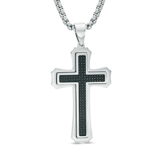 Men's Carbon Fiber Raised Cross Pendant in Stainless Steel - 24"