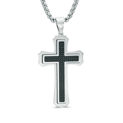 Men's Carbon Fiber Raised Cross Pendant in Stainless Steel - 24"