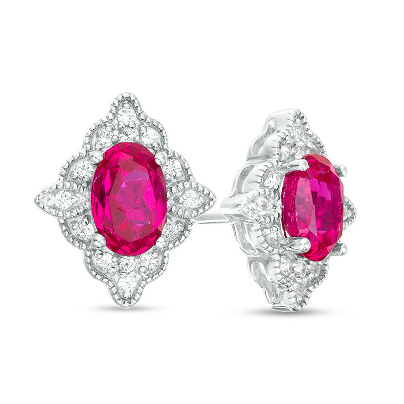 Oval Lab-Created Ruby and White Sapphire Scallop Frame Vintage-Style Stud Earrings in Sterling Silver|Peoples Jewellers