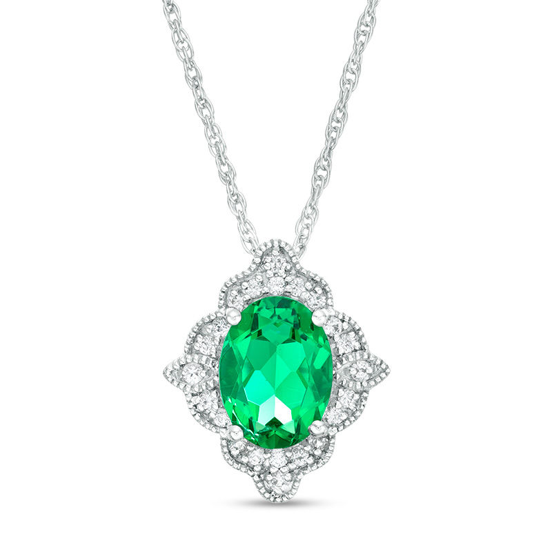 Oval Lab-Created Emerald and White Sapphire Scallop Frame Vintage-Style Pendant in Sterling Silver|Peoples Jewellers
