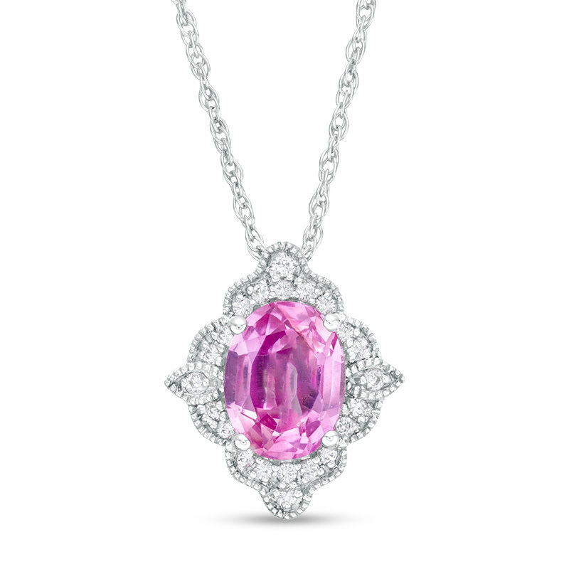 Oval Lab-Created Pink and White Sapphire Scallop Frame Vintage-Style Pendant in Sterling Silver|Peoples Jewellers