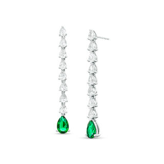 Pear-Shaped Lab-Created Emerald and White Sapphire Line Drop Earrings in Sterling Silver