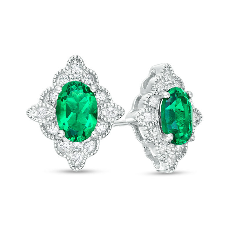 Oval Lab-Created Emerald and White Sapphire Scallop Frame Vintage-Style Stud Earrings in Sterling Silver|Peoples Jewellers