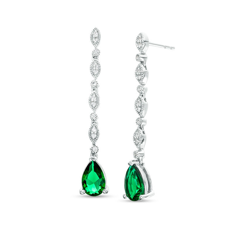 Pear-Shaped Lab-Created Emerald and White Sapphire Marquise Frame Line Drop Earrings in Sterling Silver|Peoples Jewellers