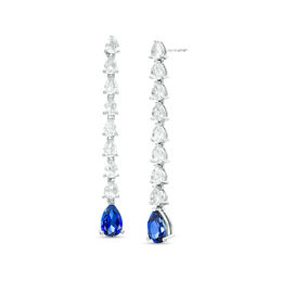 Pear-Shaped Lab-Created Blue and White Sapphire Line Drop Earrings in Sterling Silver